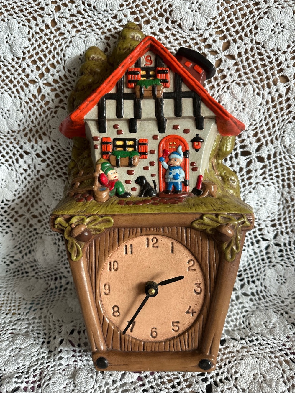 Vintage working 1973 Whimsical Cottage/Alpine Atlantic Mold Wall Clock